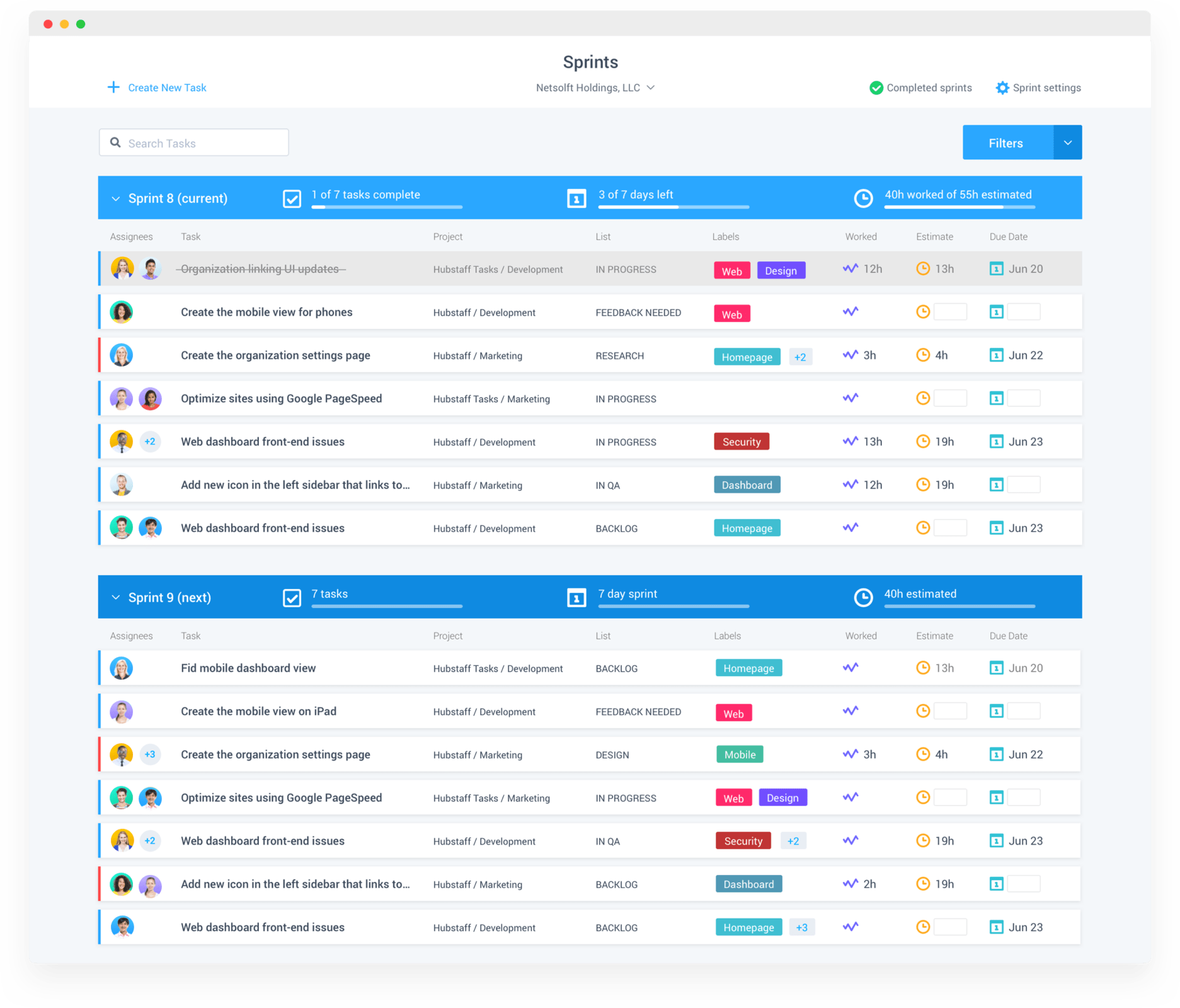 Hubstaff Tasks Sprints menu