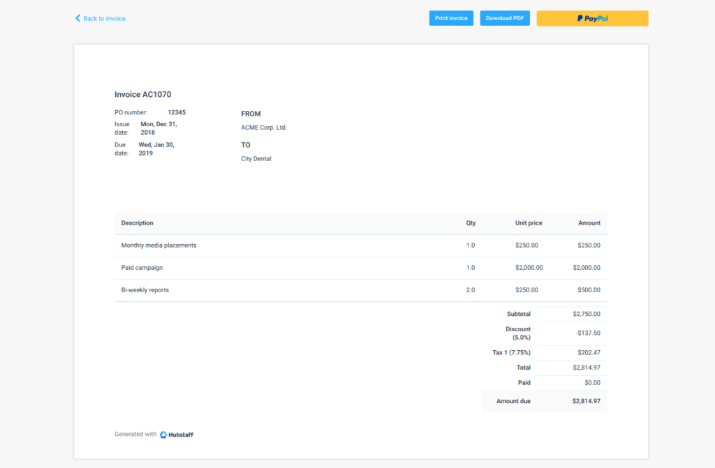 invoice template in hubstaff