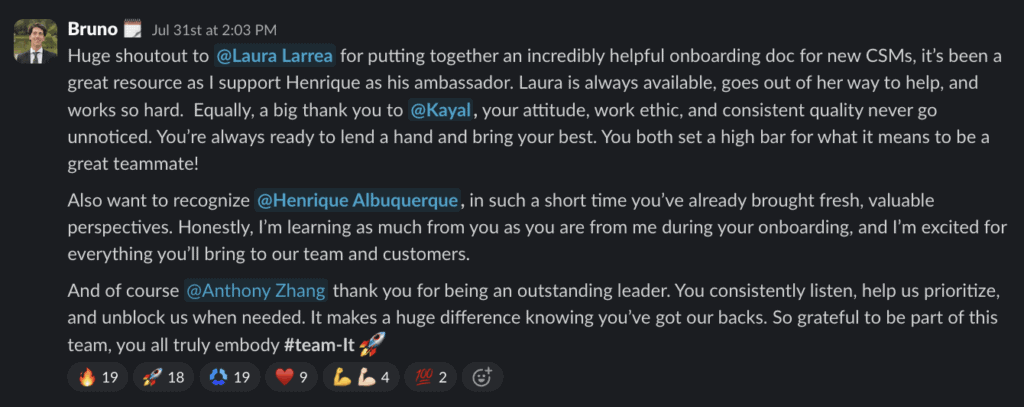 Slack Hubstars shoutout from Bruno praising Laura Larrea, Kayal, Henrique Albuquerque, and Anthony Zhang for teamwork and leadership.