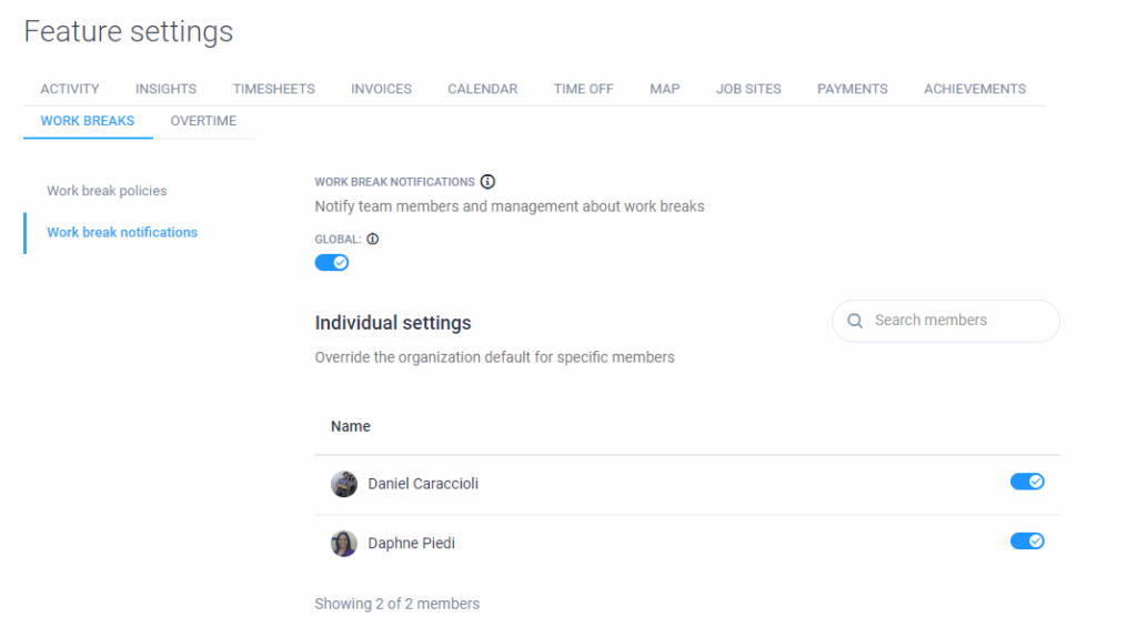 Hubstaff dashboard showing work break notification settings with global toggle and individual overrides.