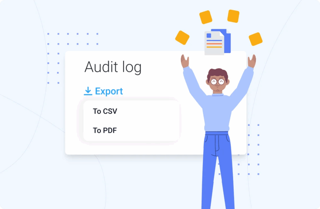 An illustration showing Hubstaff audit log with export options to CSV or PDF. 