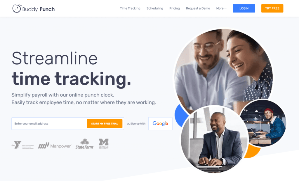 Buddy punch homepage showing various people working and text and logos of clients on the left.