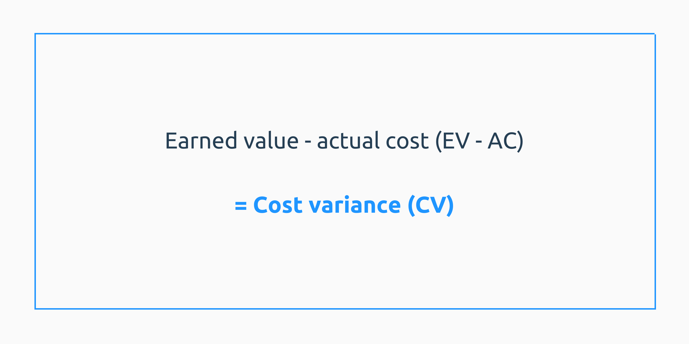 Earned value - actual cost (EV - AC) = cost variance