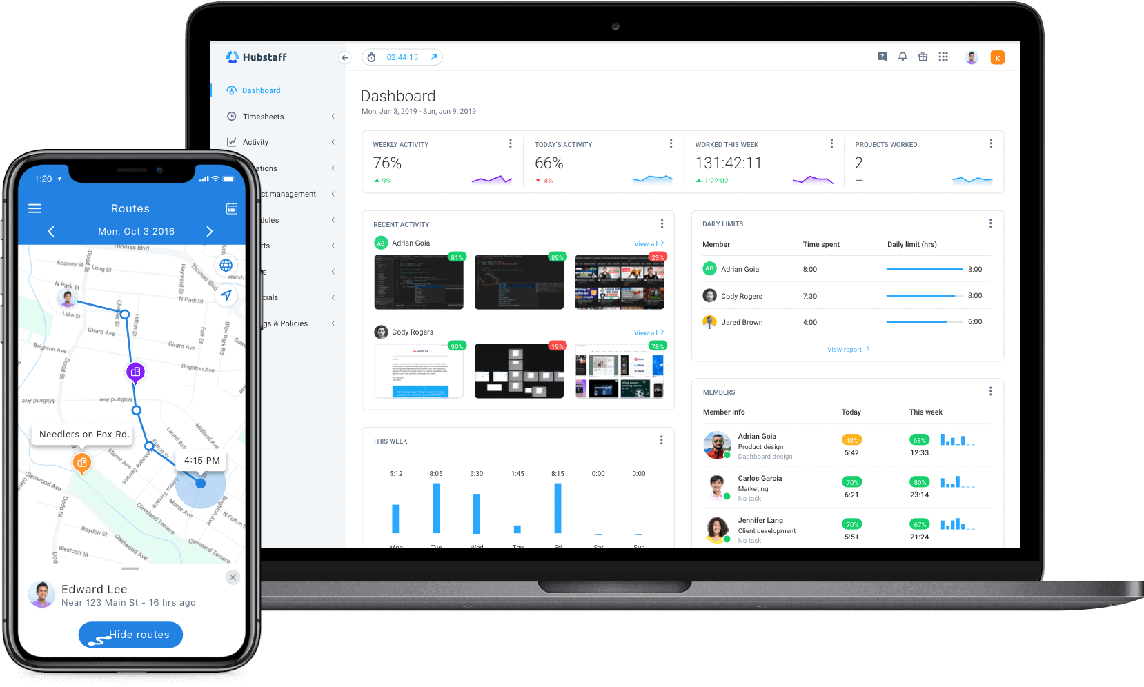 Hubstaff time clock apps and tools for businesses displayed on a computer and mobile device