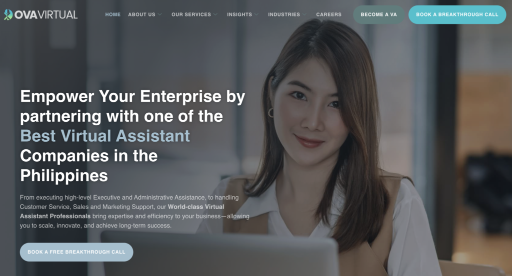 OVA Virtual homepage promoting virtual assistant services in the Philippines, listing service overview and a book a consultation CTA.