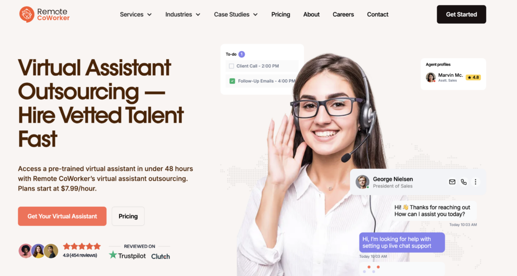 Screenshot of the Remote CoWorker homepage hero section highlighting its virtual assistant services and starting plan pricing.