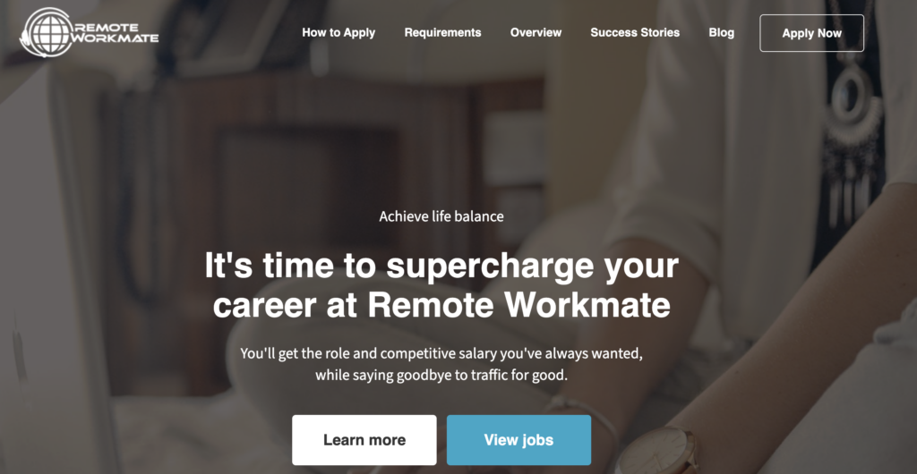 A screeshot of the Remote Workmate home page promoting remote job opportunities.