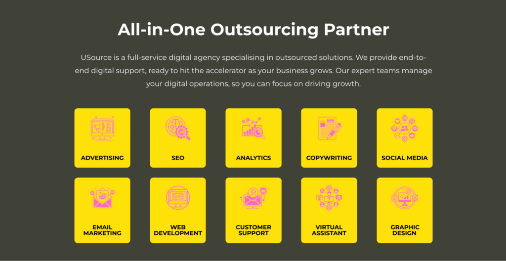 Screenshot of the USource digital outsourcing company homepage featuring an overview of its service offerings.
