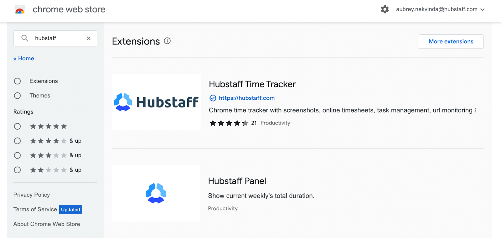 Search results for “Hubstaff” in Google Chrome Web Store