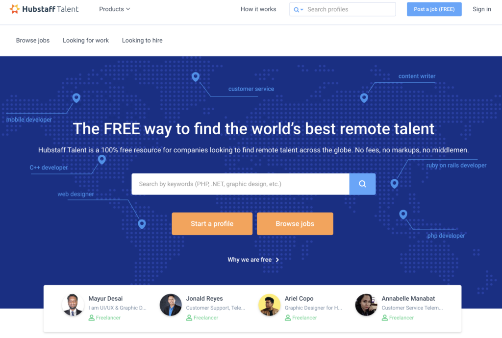A screenshot of the Hubstaff Talent homepage promoting a free platform for hiring remote talent worldwide and featuring job search tools.