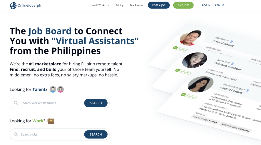 OnlineJobs.ph homepage hero image describing it as a number one marketplace for hiring virtual assistants and remote talent from the Philippines.