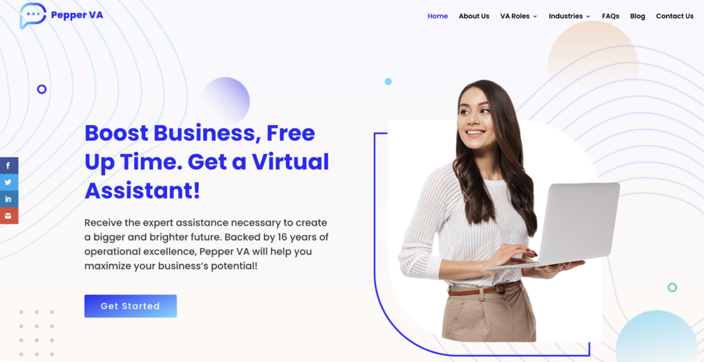 Pepper VA homepage hero image featuring virtual assistant services, company experience highlights, and a call-to-action to get started.