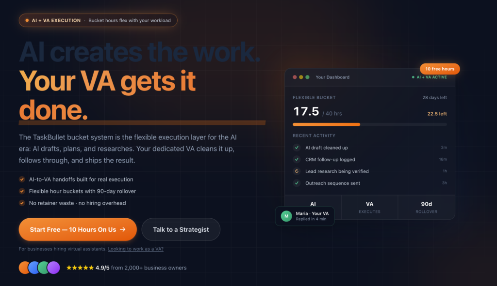 A screeshot of the TaskBullet homepage hero section featuring AI and virtual assistant services.