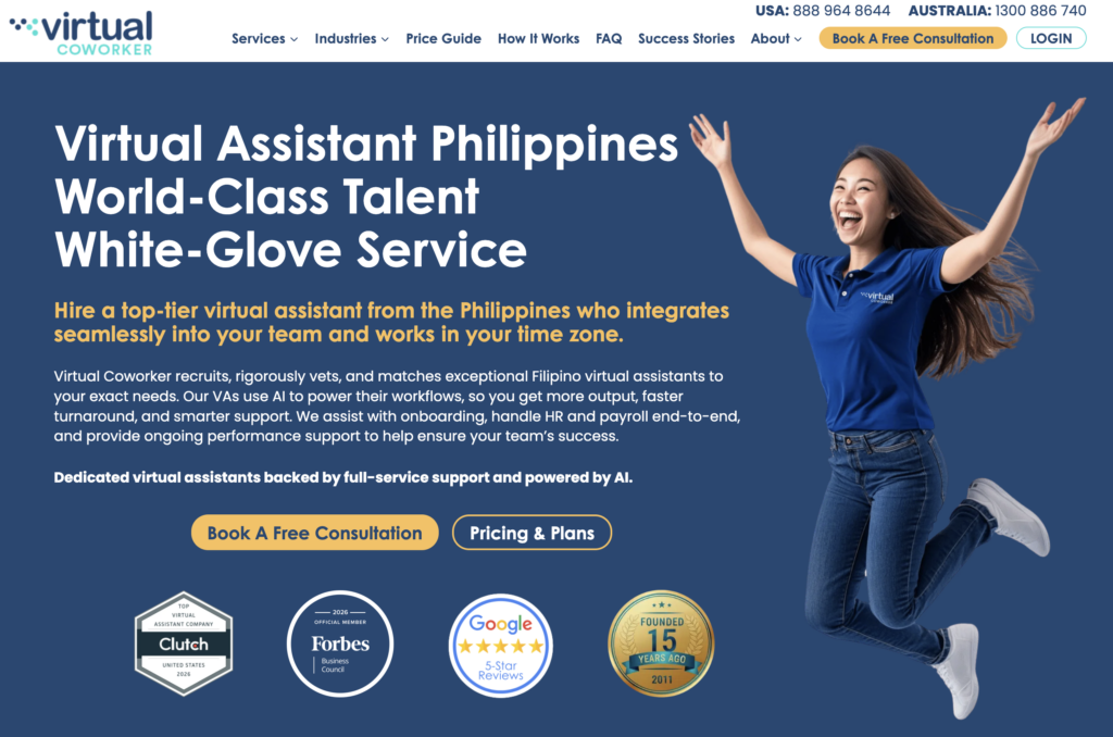 Virtual Coworker homepage promoting virtual assistant services from the Philippines, featuring AI-powered support.