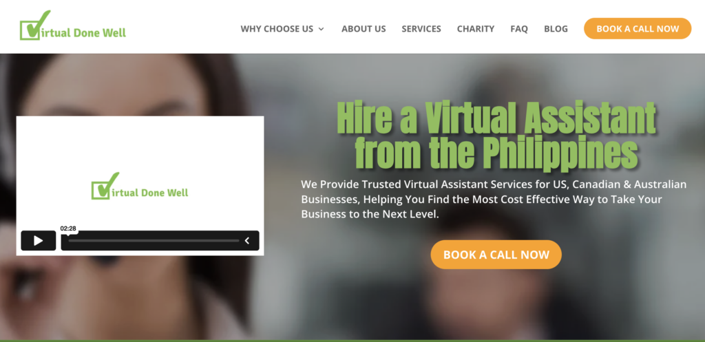 Virtual Done Well homepage hero image featuring virtual assistant services from the Philippines and a company introduction video.