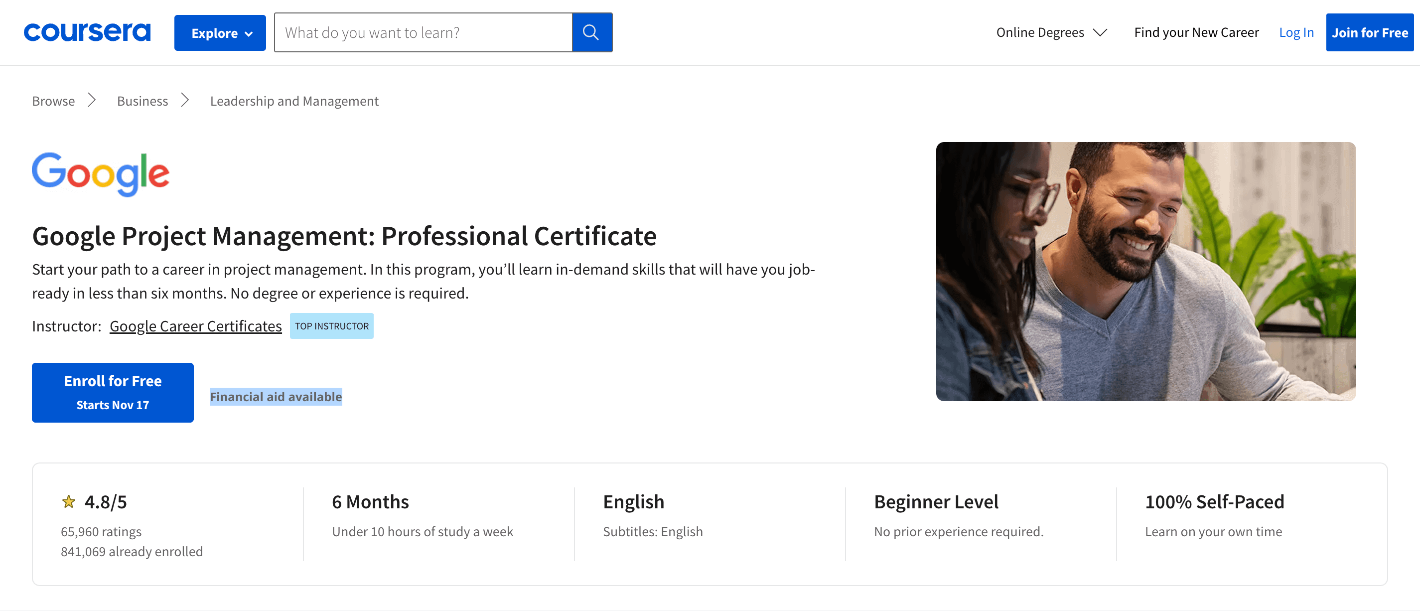 A screenshot of the Google Project Management: Professional Certificate course presented by Coursera