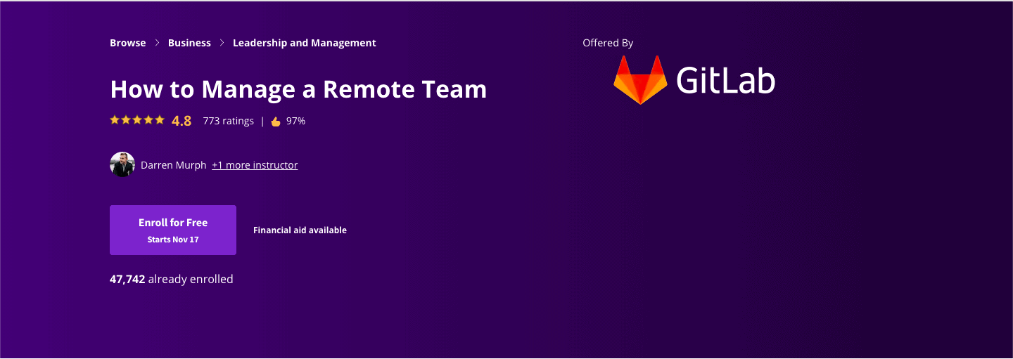A screenshot of How to Manage a Remote Team with Darren Murph. Presented by GitLab. 