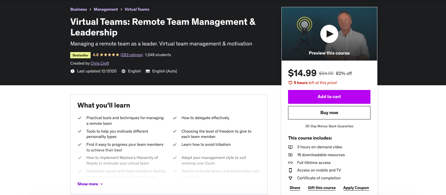 A screenshot of Virtual Teams: Remote Team Management & Leadership by Chris Croft.