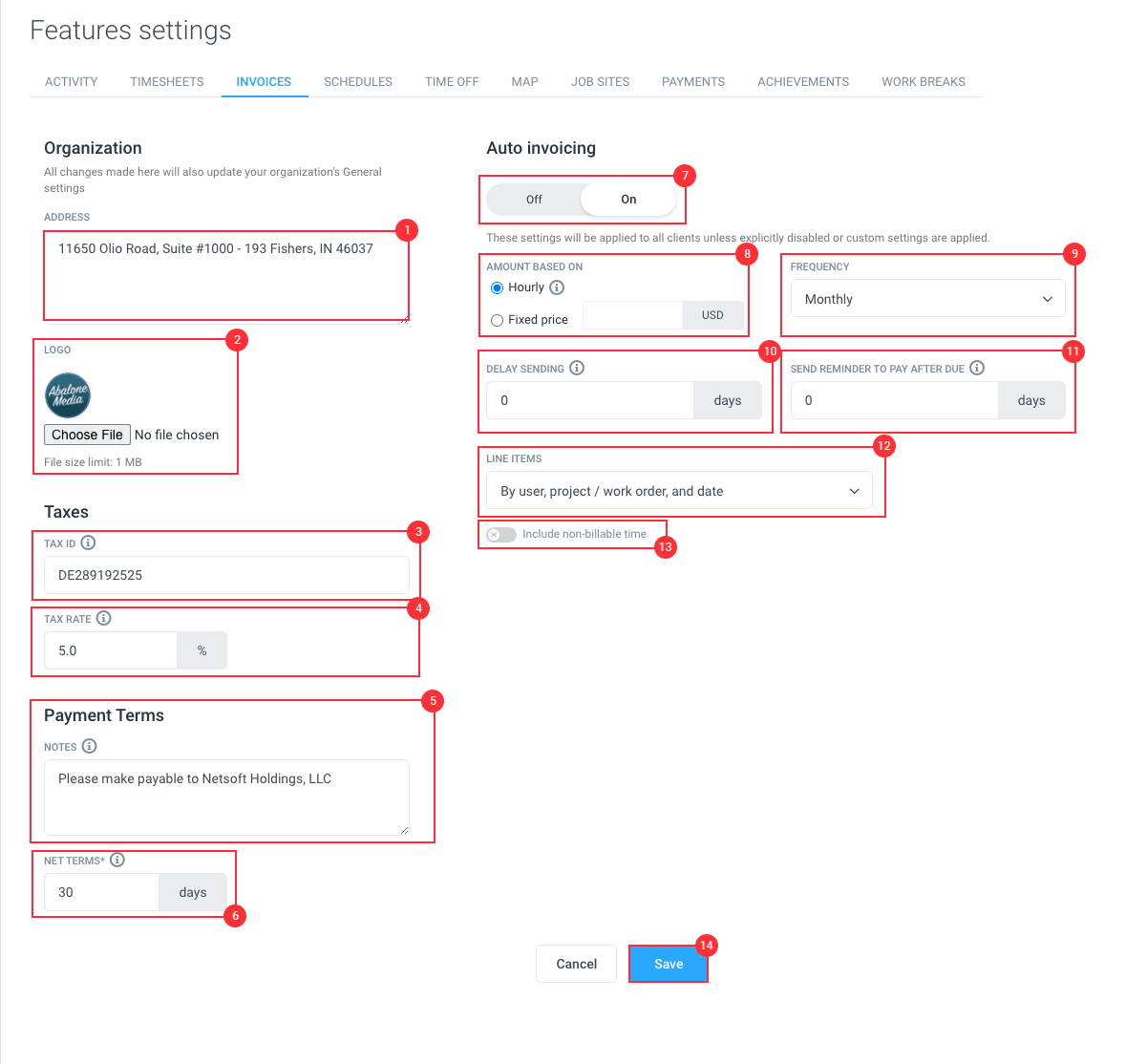 A screenshot of Hubstaff's invoicing setup menu