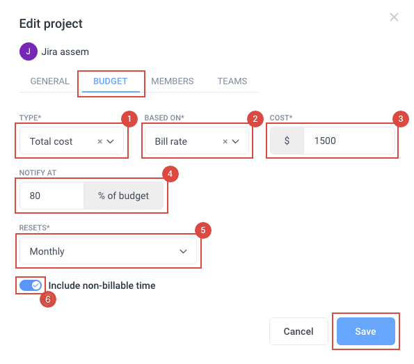 A screenshot of Hubstaff's project budget setup menu