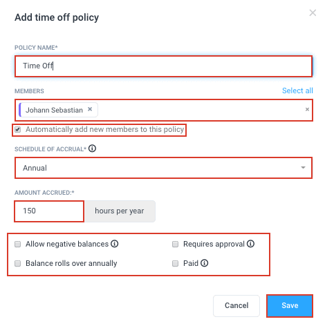 A screenshot of Hubstaff's time off policy setup menu