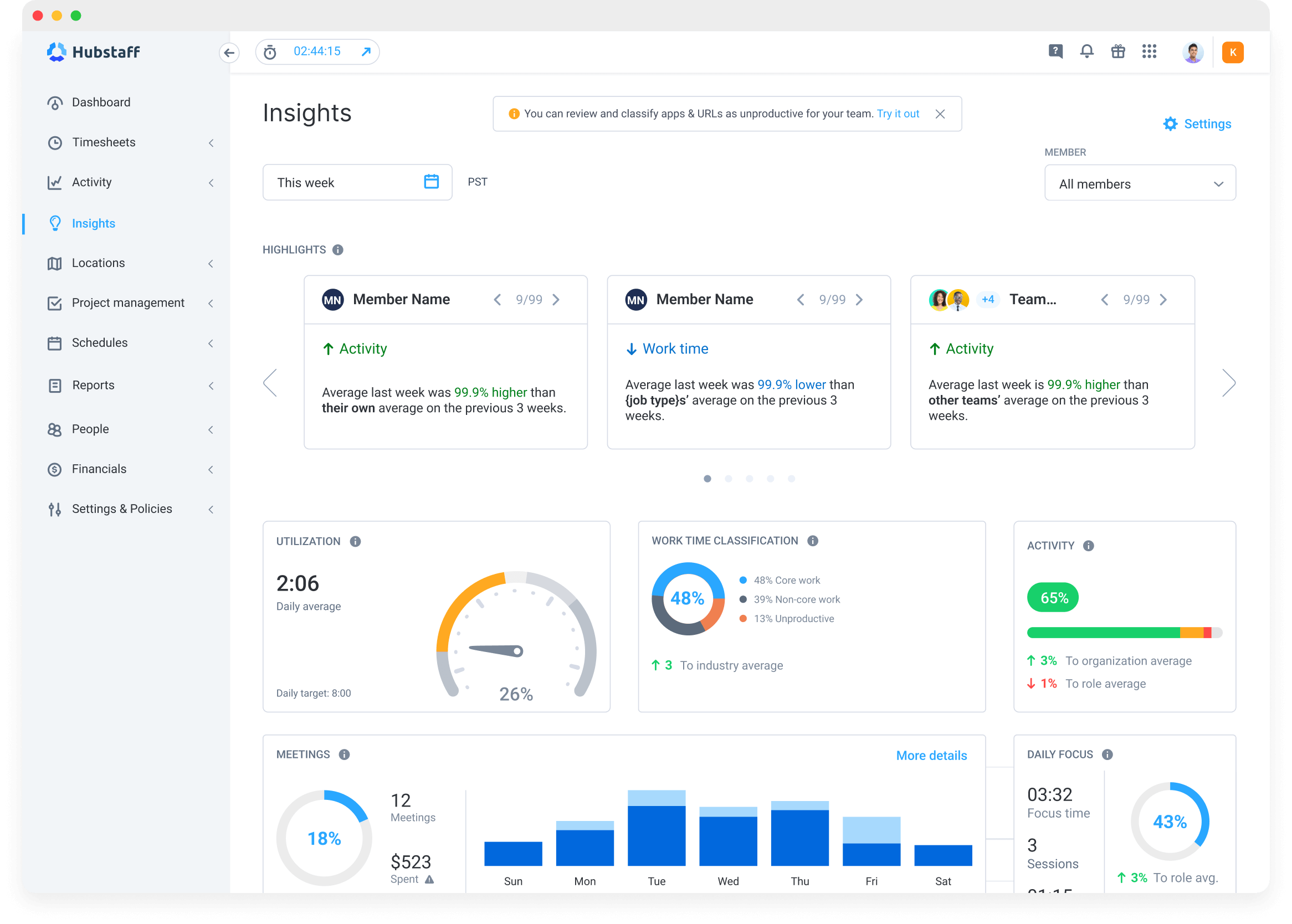 Hubstaff Insights add-on gives you actionable workforce insights to manage your team.