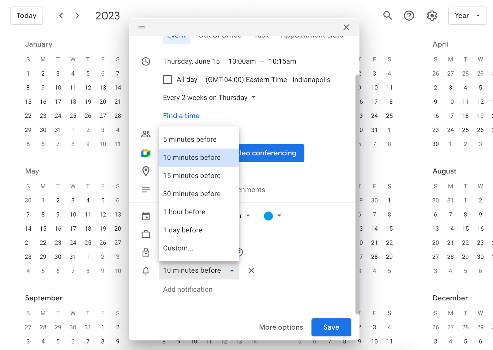 Setting a Google Calendar event reminder