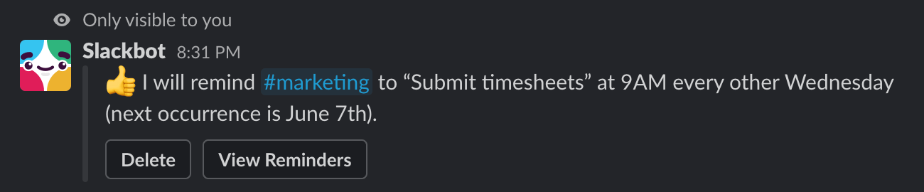 Slack reminder confirmation message