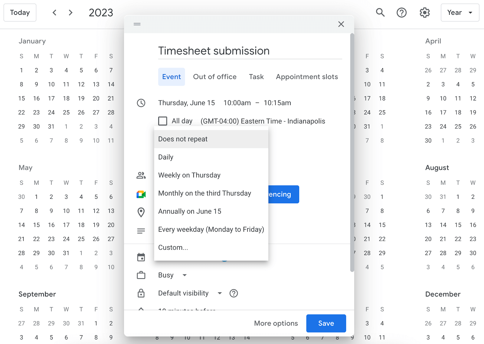 Creating an event in Google Calendar
