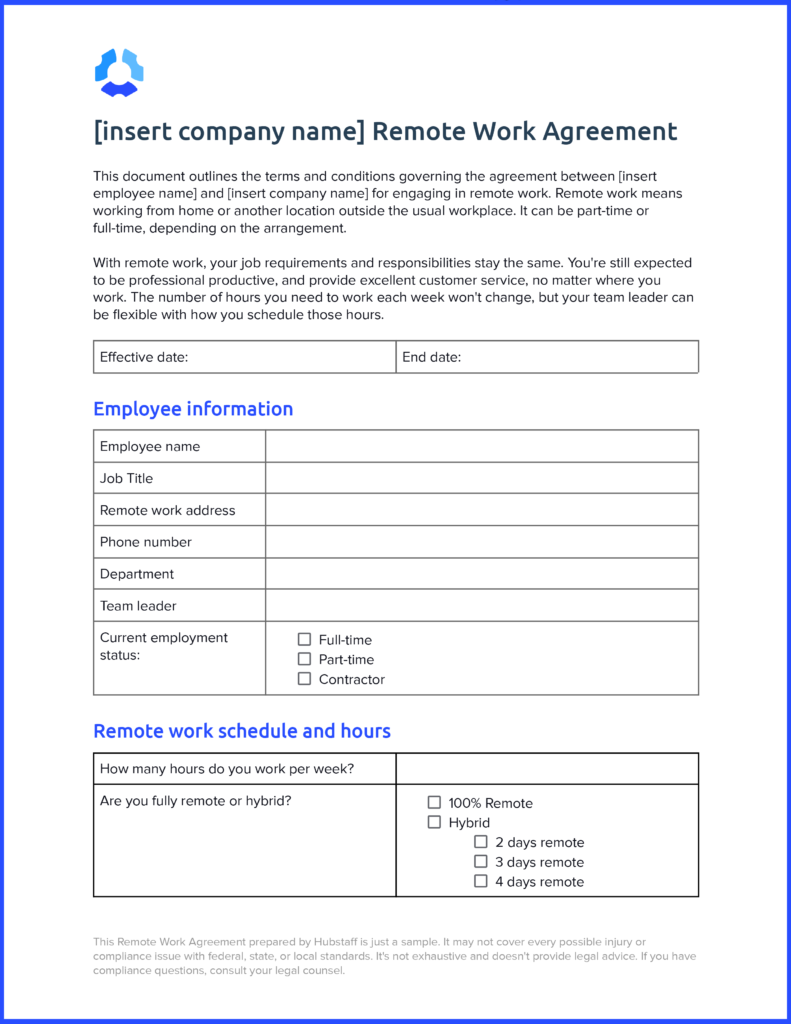 Remote work agreement template. 