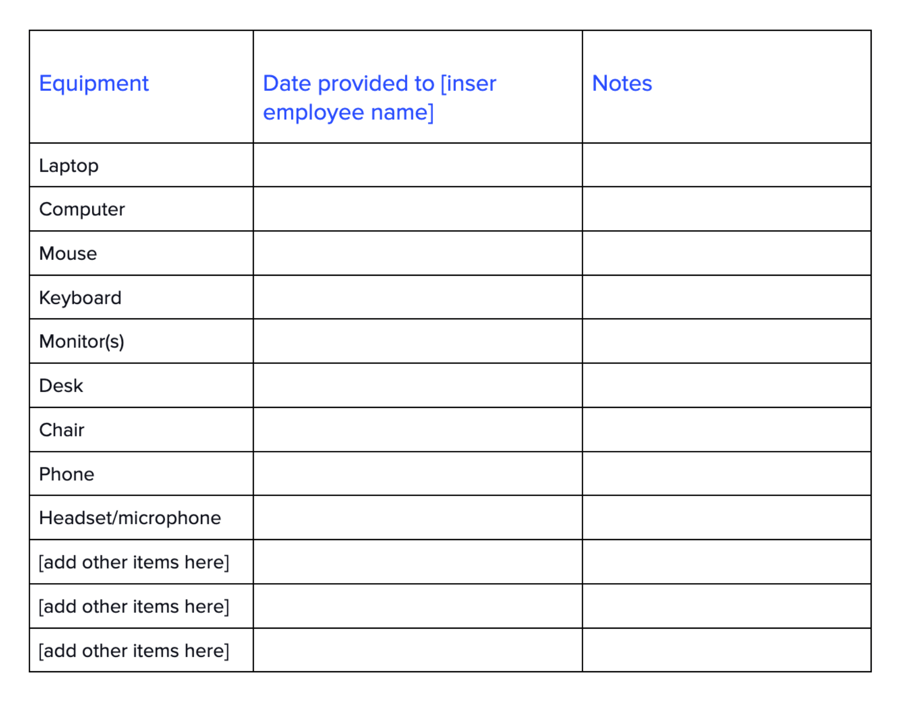 Remote work agreement template: Equipment list