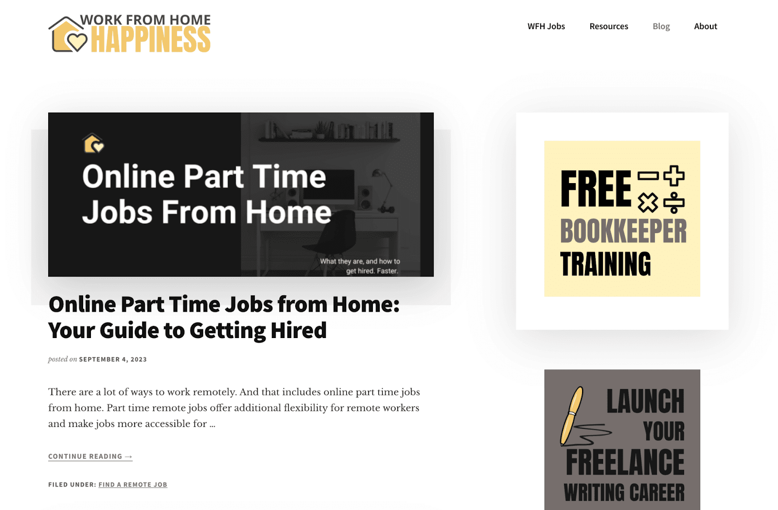 A screenshot of the Work From Home Happiness blog