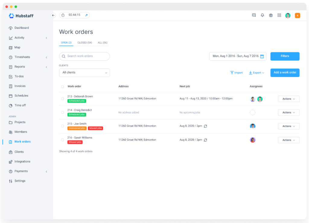 Hubstaff work orders screenshot