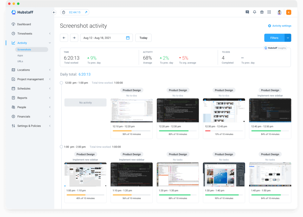 activity tracking with screenshots for distributed team management