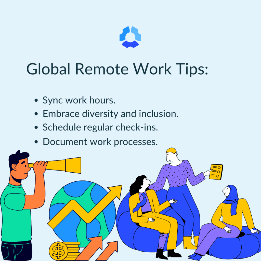 Global Remote Work Tips:

- Sync work hours
- Embrace diversity and inclusion
- Schedule regular check-ins
-Document work processes