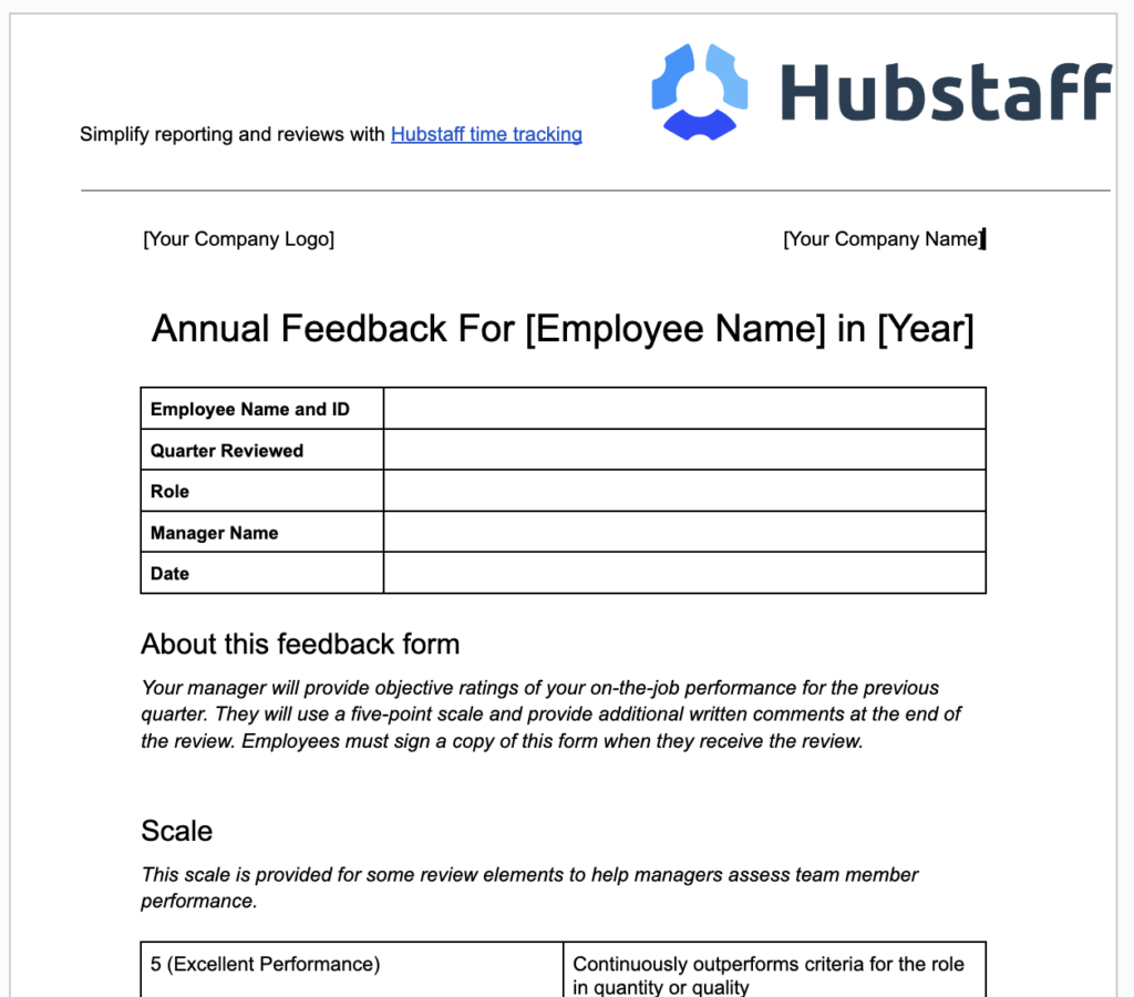 Hubstaff annual feedback template