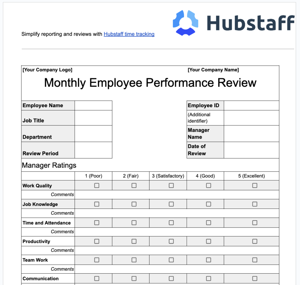 Hubstaff monthly template