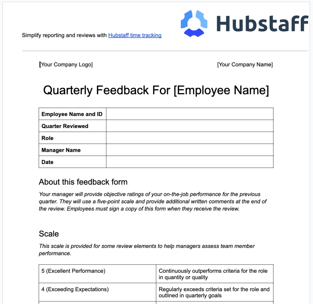Hubstaff quarterly feedback template