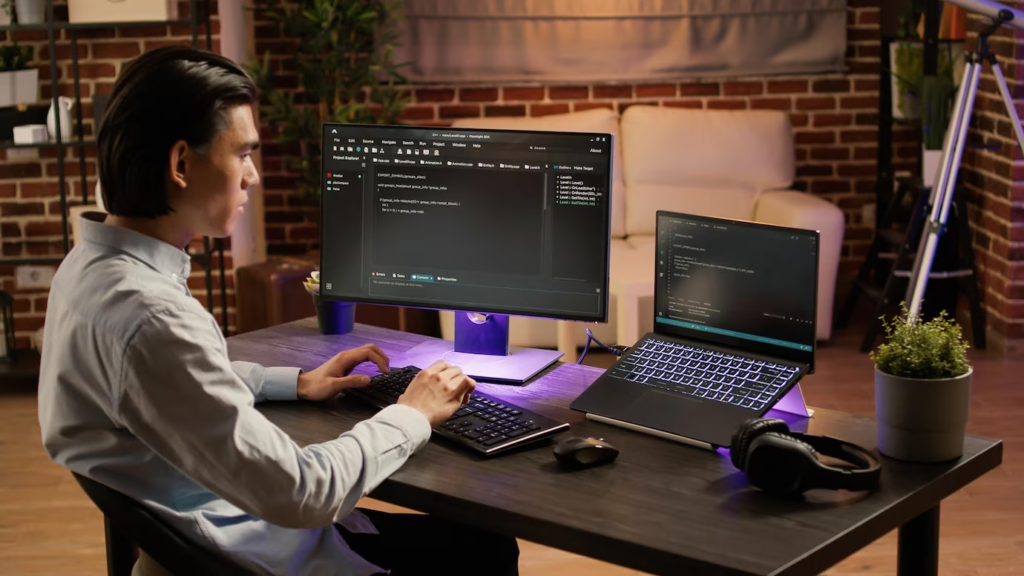Software developer coding on two monitors.