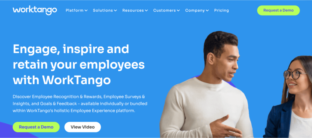 WorkTango homepage, highlighting its robust employee engagement tool