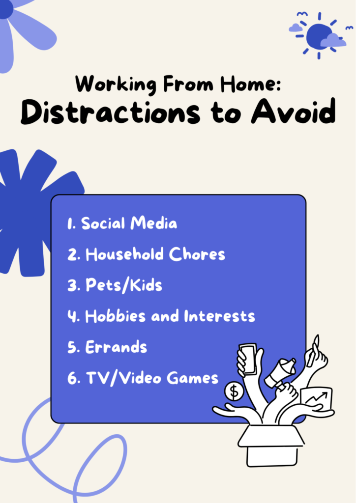 6 top work-from-home distractions to avoid include social media, chores, pets, hobbies, errands, and media