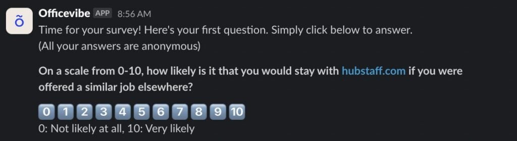 Example of a survey question in the Slack and Officevibe integration