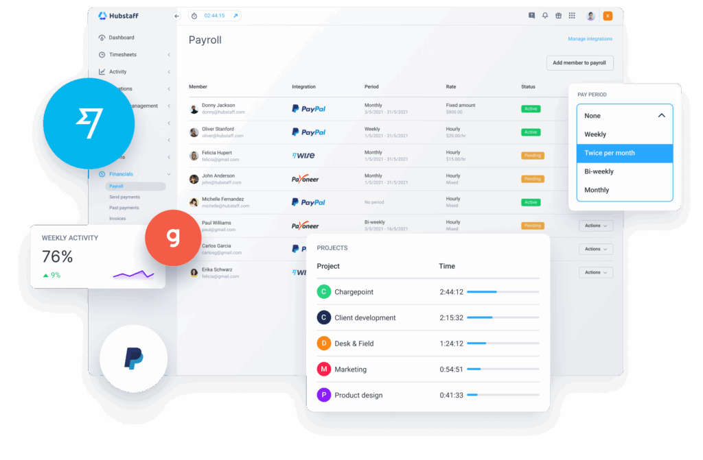 Hubstaff payroll and payment integrations