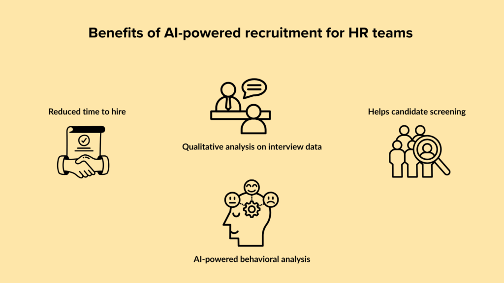 Benefits of AI-powered recruitment for HR teams - Reduced time to hire - Qualitative analysis on interview data - AI-powered behavioral analysis - Helps candidate screening