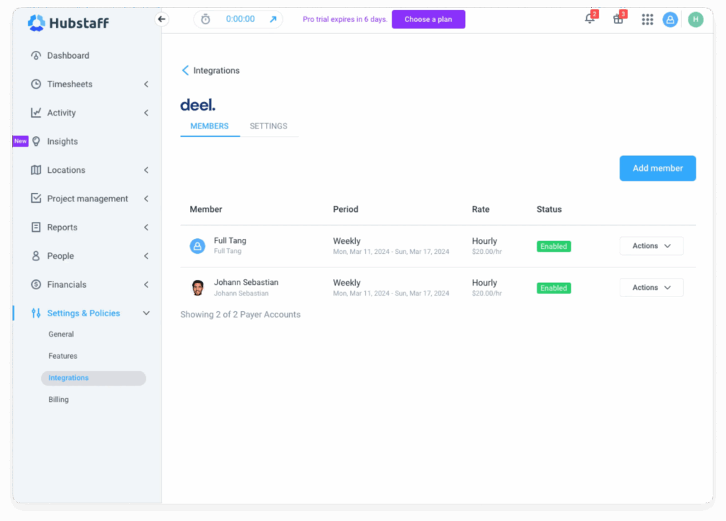 Screenshot showing how teams can use the Hubstaff and Deel integration to pay teams