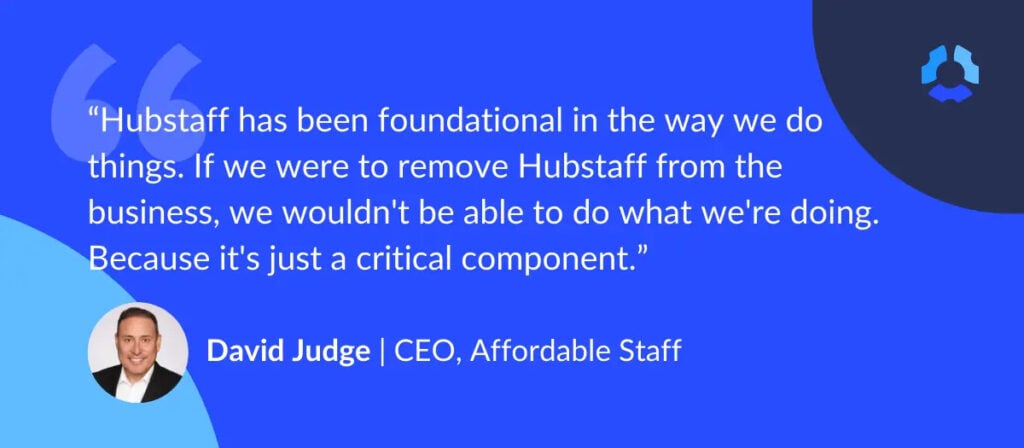 “Hubstaff has been foundational in the way we do things. If we were to remove Hubstaff from the business, we wouldn't be able to do what we're doing." - David Judge, CEO Affordable Staff