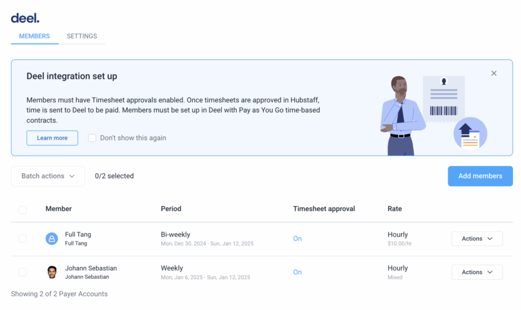 Screenshot of the Deel Hubstaff integration setup