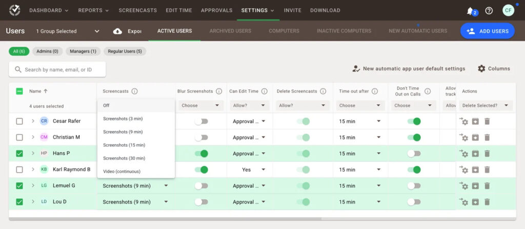 A screenshot showing Time Doctor dashboard with active users.