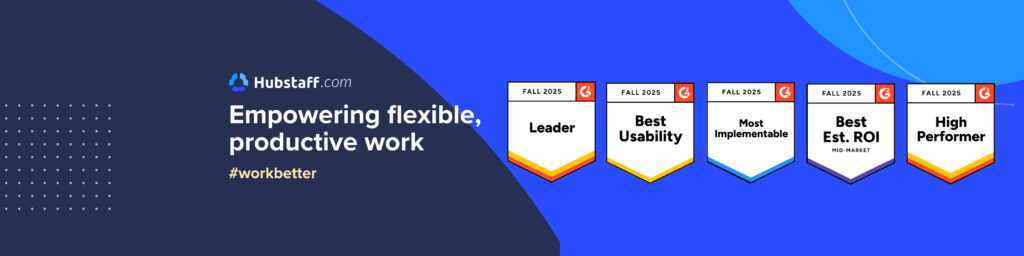Fall 2025 G2 badges awarding Hubstaff as a Leader and for Best Usability, Most Implementable, Best Estimated ROI, and more.