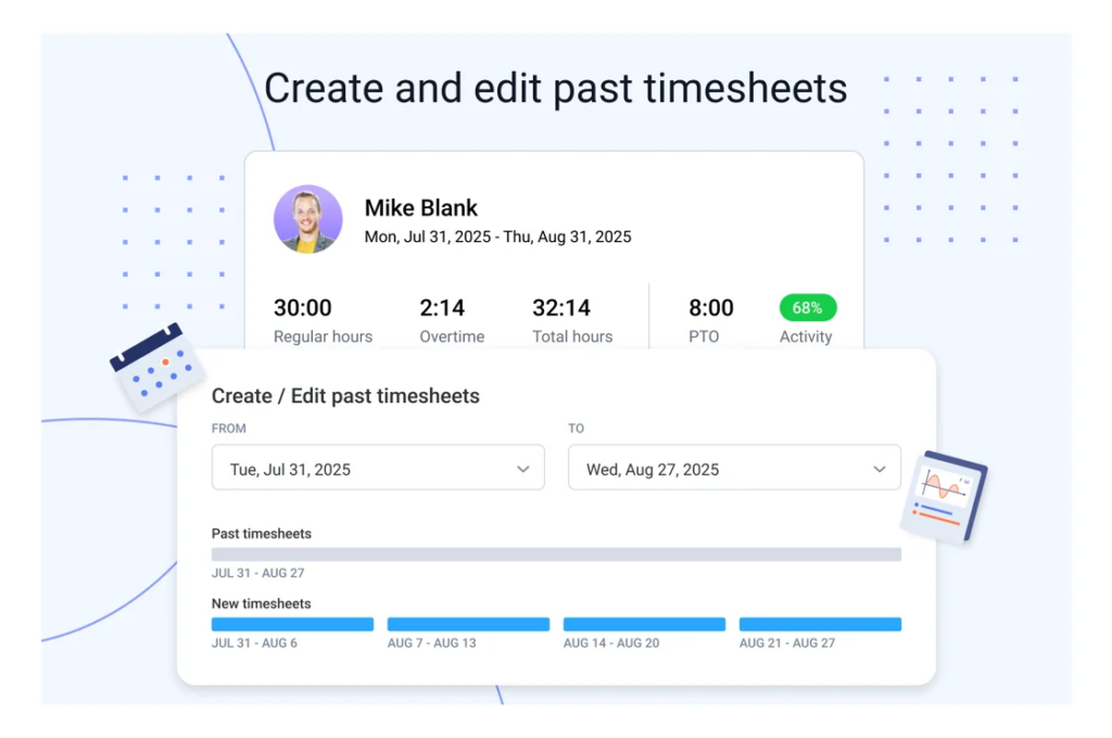 Create and edit past timesheets widget that shows past timesheets, new timesheets, overtime, total hours, and more.
